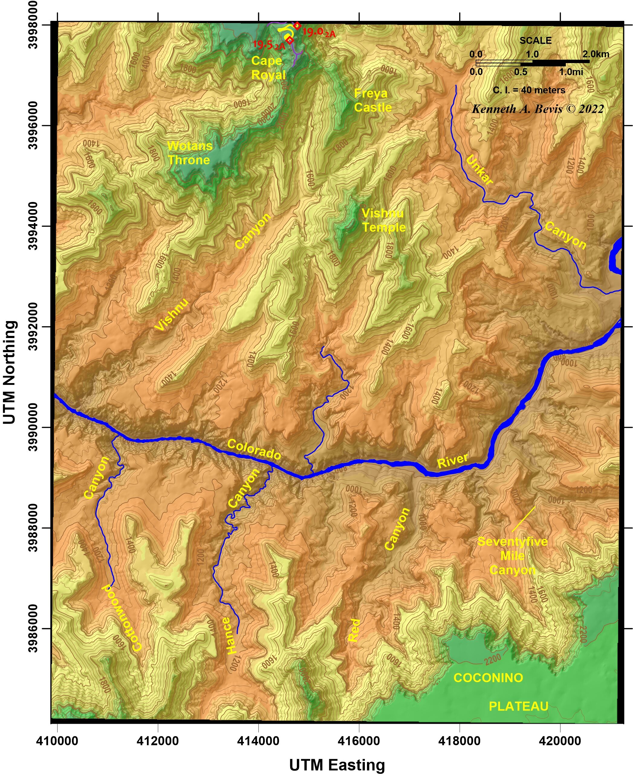 Color shaded-relief map of the Cape Royal, AZ 7.5 minute quadrangle showing a segment of Field Trip 2A.