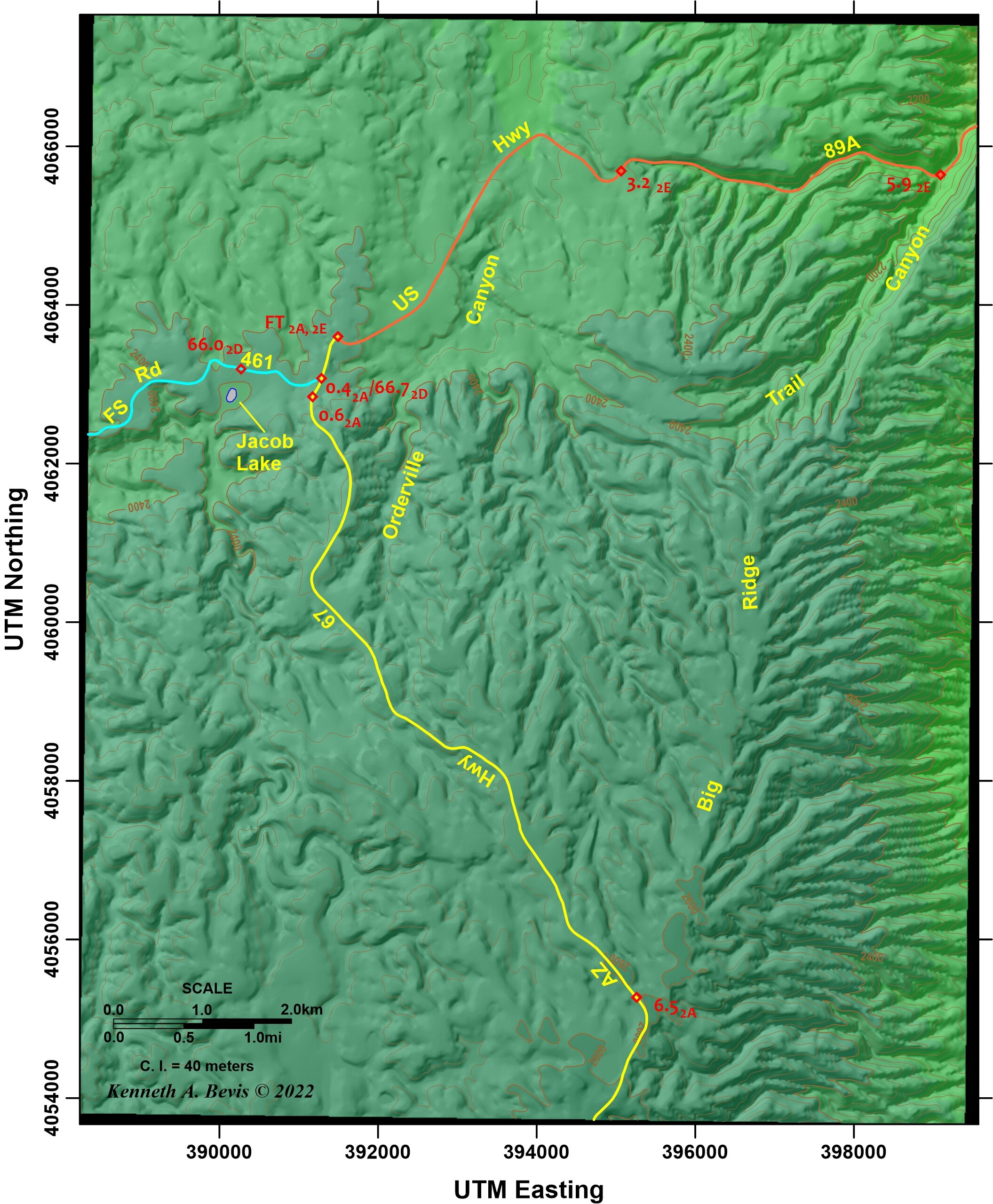 Color shaded-relief map of the Jacob Lake, AZ 7.5-minute quadrangle showing segments of Field Trip 2A, 2D, and 2E.