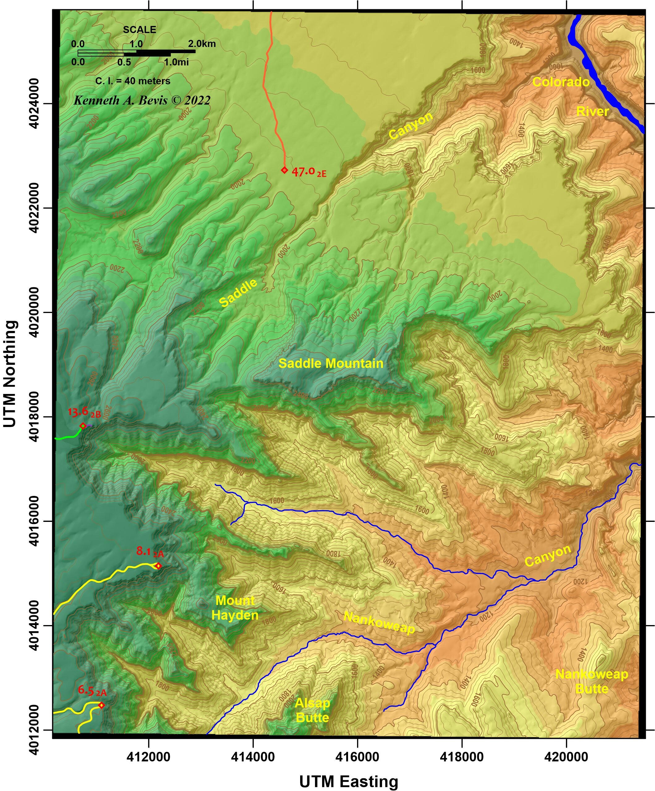 Color shaded-relief map of the Point Imperial, AZ 7.5-minute quadrangle showing segments of Field Trip 2A, 2B, and 2E.
